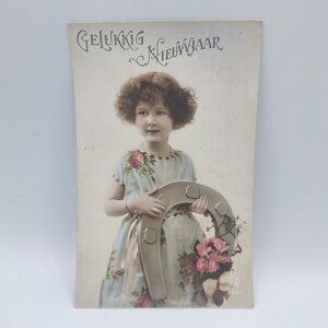 Antique Gelukkig Nieuwjaar Postcard Hand Colored New Year Horseshoe Girl Dutch